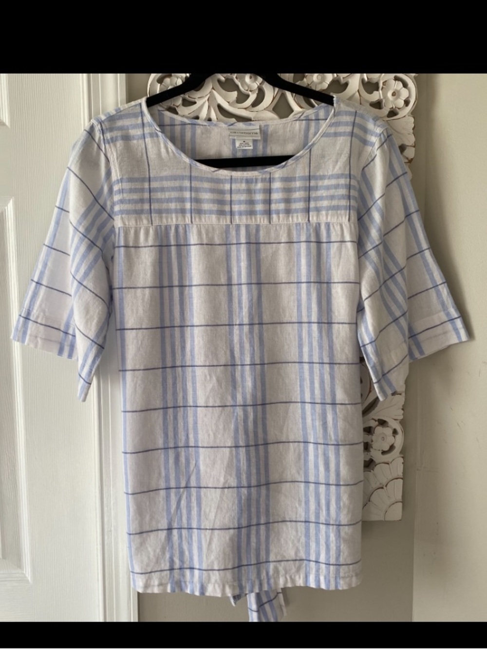 Liz Claiborne Vintage Plaid Linen Blend Blouse Top M Coastal Cottagecore Beachy